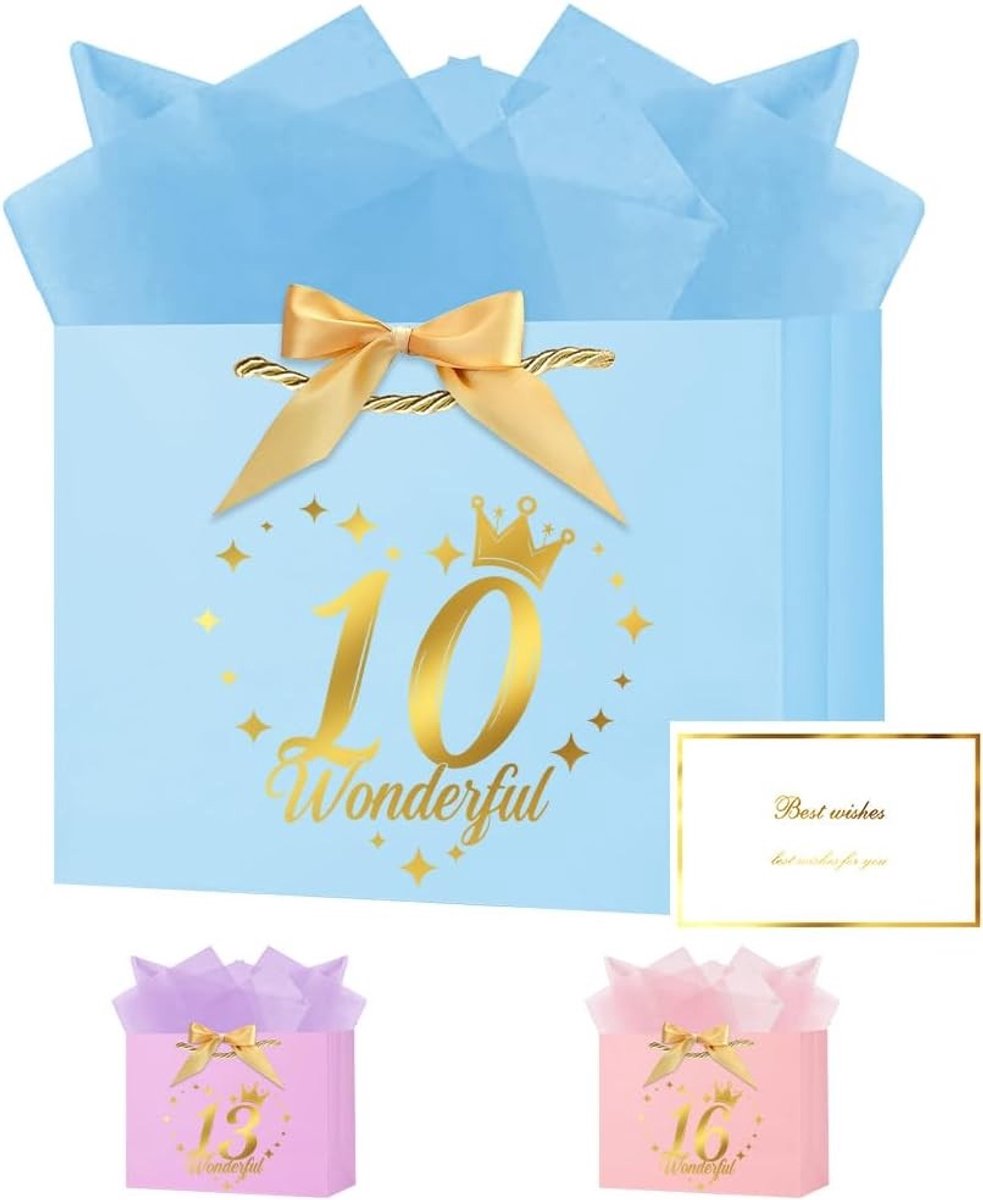 Cadeautassen met Handvat, 10 Jaar, Inclusief Strik en Kaart, Perfect voor Verjaardagen, Bruiloften en Feestdagen, 11 x 20 x 10 cm