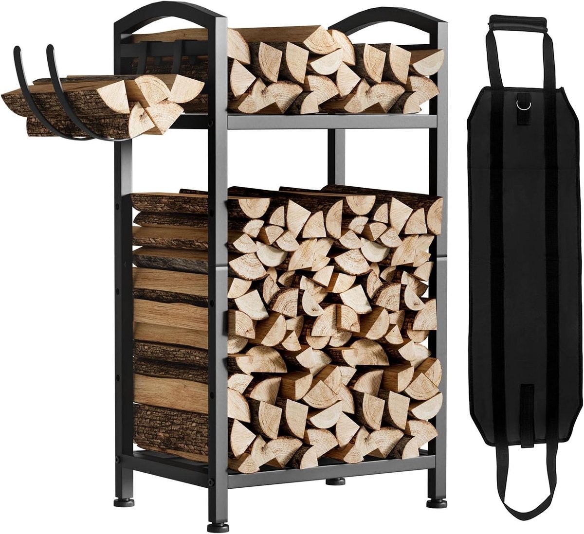 Yorbay Indoor Firewood Rack Metal Small Firewood Rack Double Layer with Hooks and Firewood Bag Black Robust Wood Rack - ShopVlot