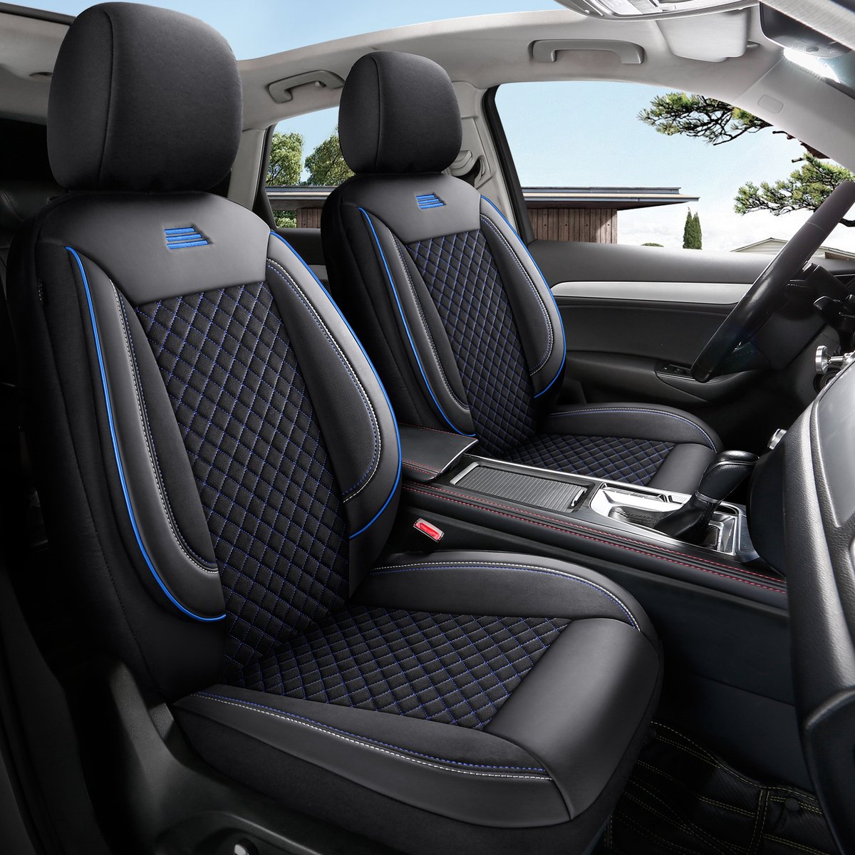 Autostoelhoezen voor Audi SQ2 in pasvorm| Set van 2 stuks | Bestuurder + Passagiersstoel AIS Serie | AIS102 | Zwart met blauwe stiknaden