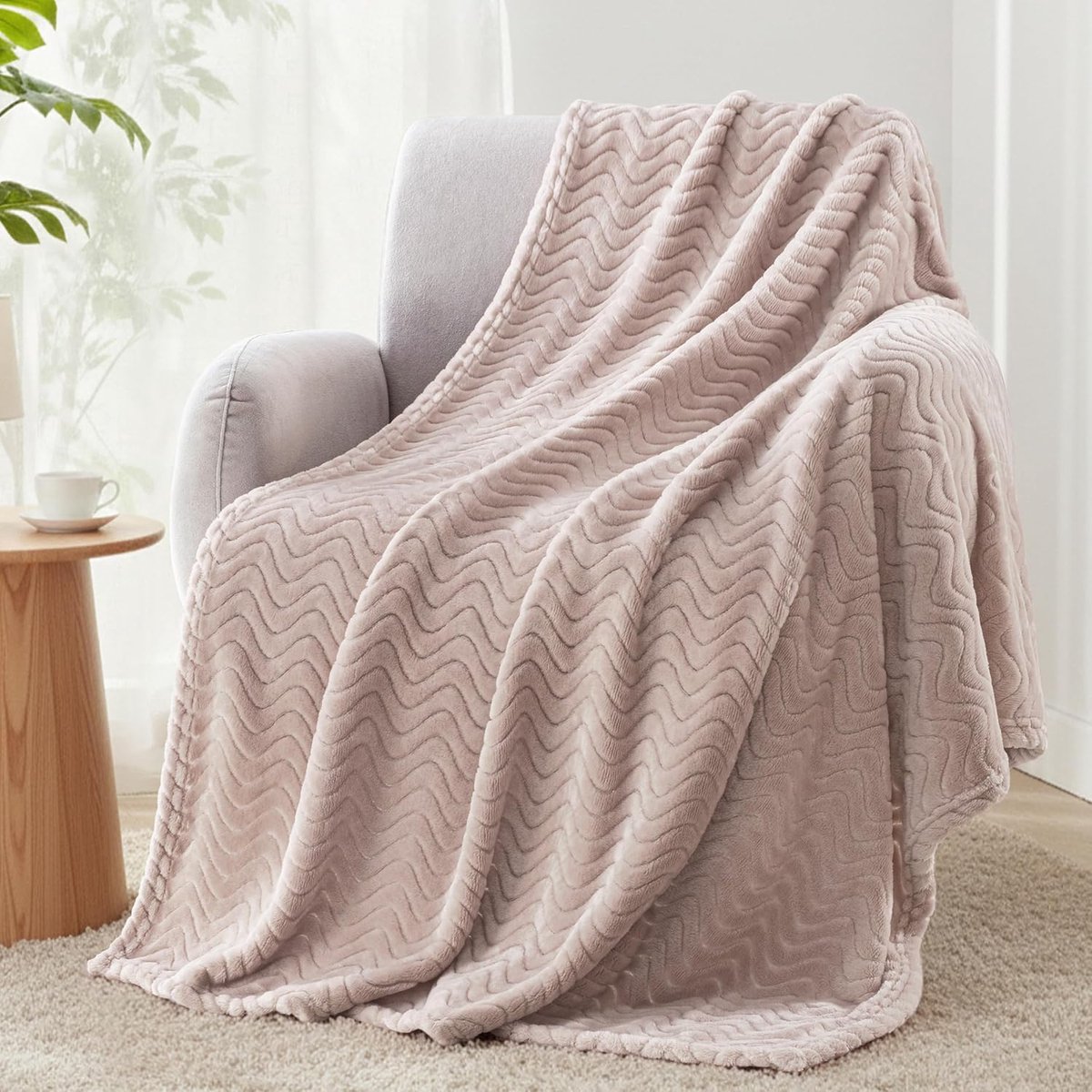 Mezcla Fleece deken voor bank, 127 x 178 cm, superzachte gezellige dekens met decoratieve golvende textuur, lichtgewicht pluche, alle seizoenen, kameel