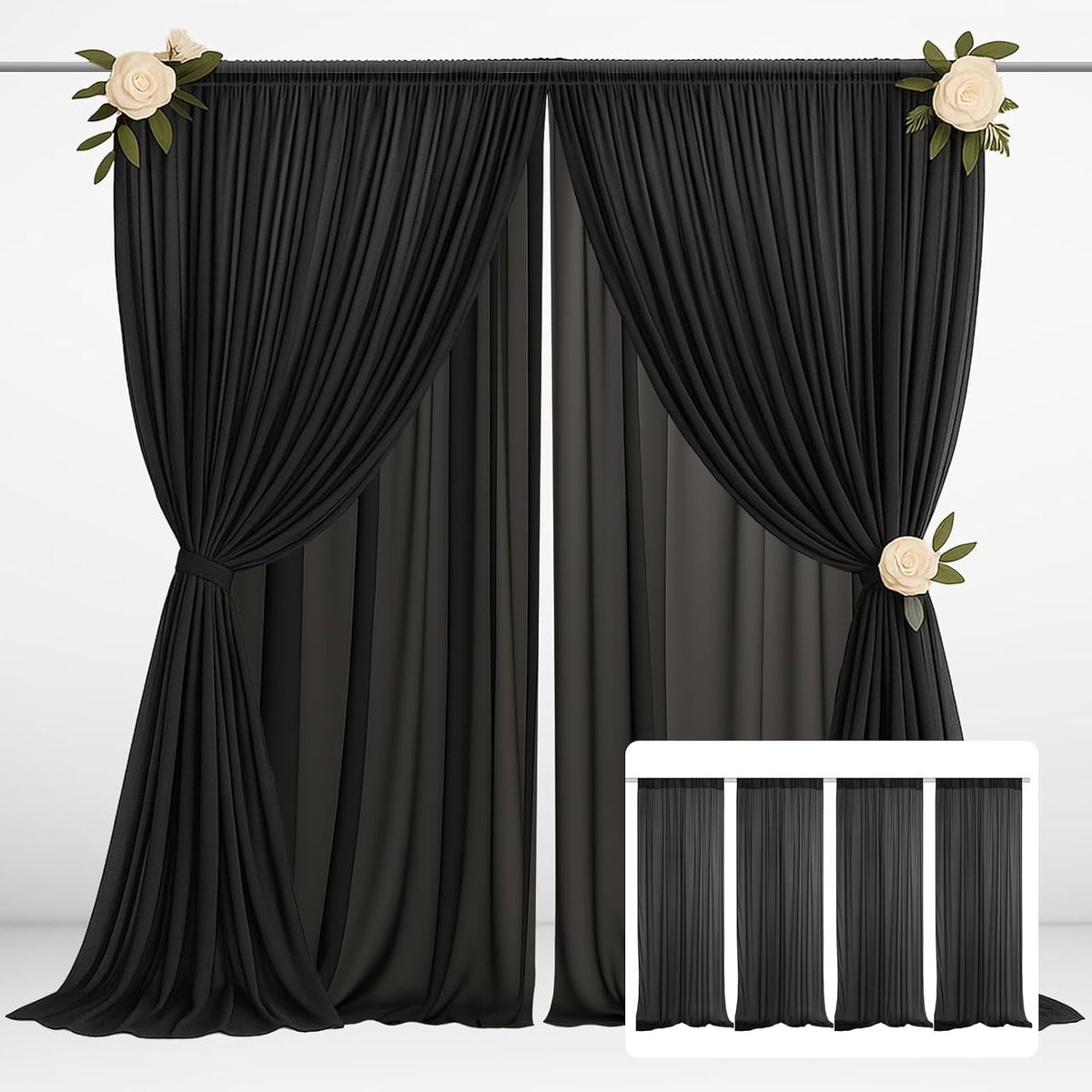 Zwarte Gordijnen, 1,5 x 3 m(4 Delig) van Tule en Chiffon Gedrapeerd | Decoratie voor Bruiloften, Podia, Zachte, Gladde Stof, Babyshower, Verjaardag, Fotoshoot