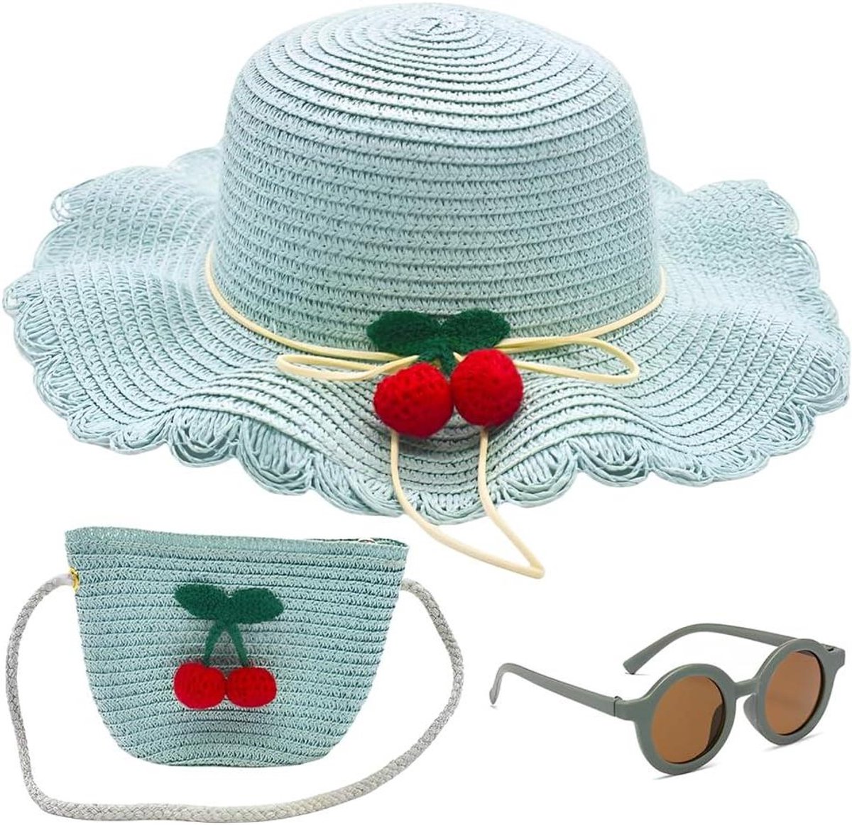 Zonnehoed Set Kinderen - Strandhoed Meisjes - Zomerse Uitjes - Inclusief Woven Tas - 3 Delig - Rood