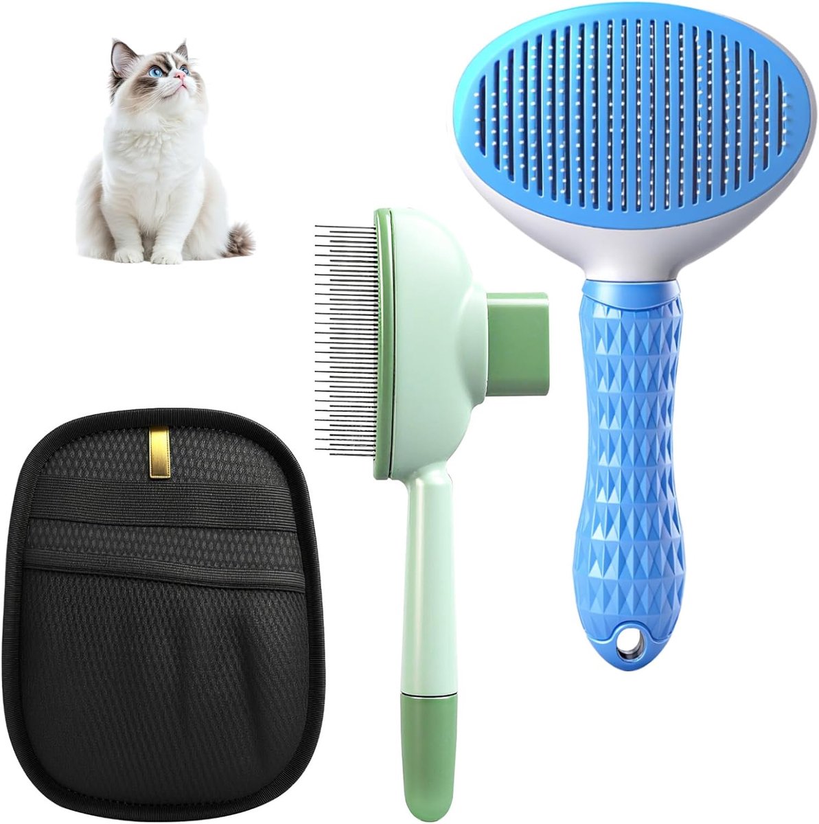 3 stuks kattenborstel, hondenborstel, lange haren, handschoen tegen dierenharen, zelfreinigend voor huisdieren, ergonomische grip, professionele vlooienkam voor honden en katten