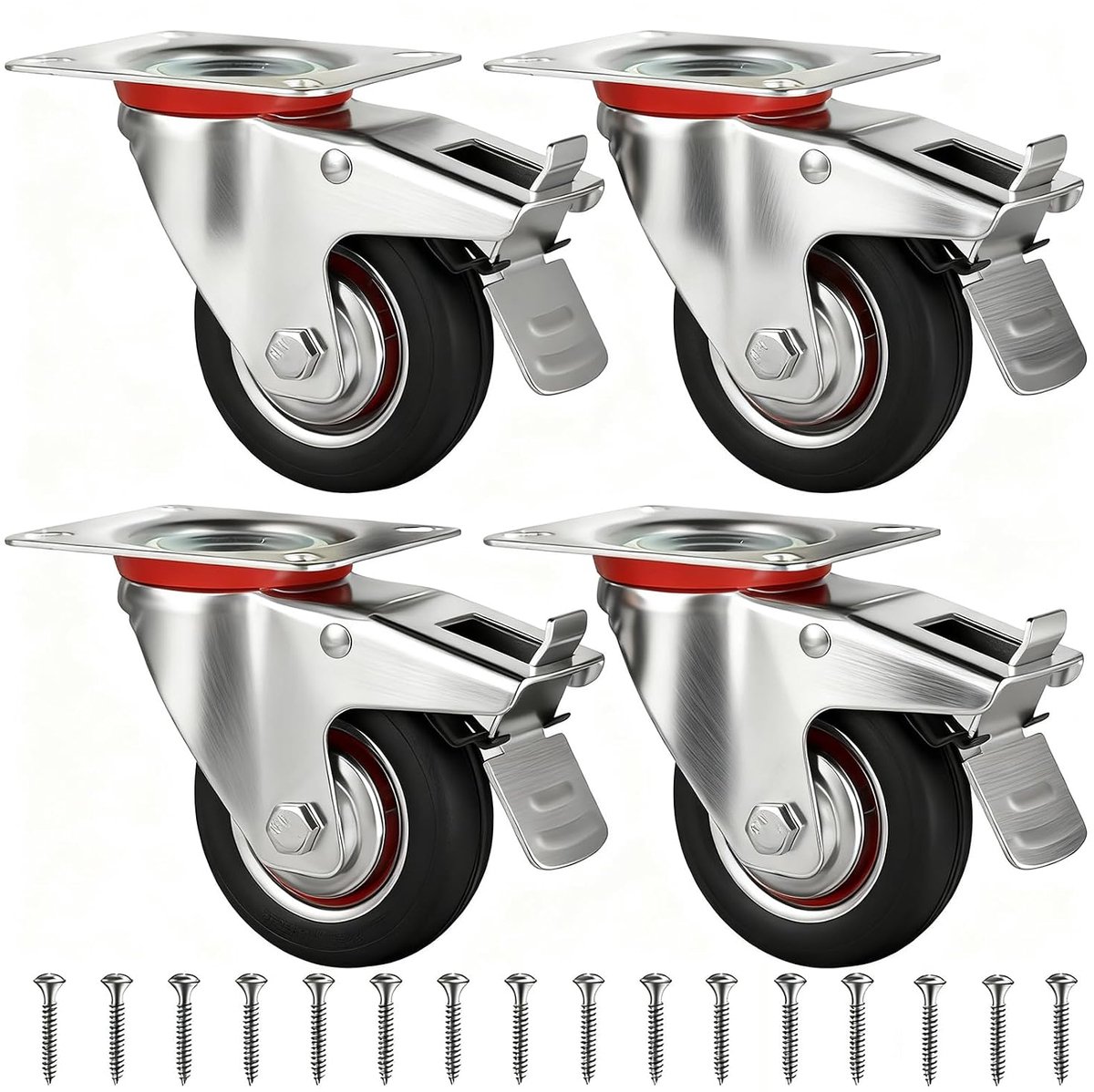 zware wielen met rem, 80 mm, geruisloze rubberen wielen, set van 4, meubelwielen voor meubels, zwenkwielen voor binnen en buiten, maximale draagkracht 240 kg