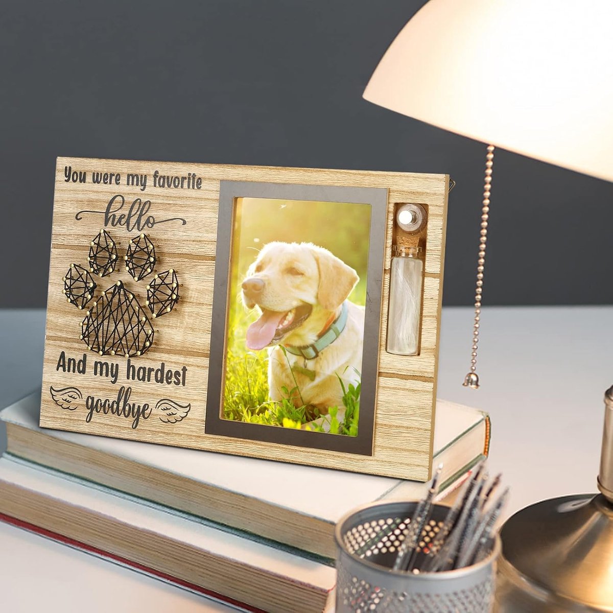 Memorial fotolijst kat en hond, Keepsake fotolijst honden, herinnering met kleine glazen fles, aandenken aan overleden hond (A)