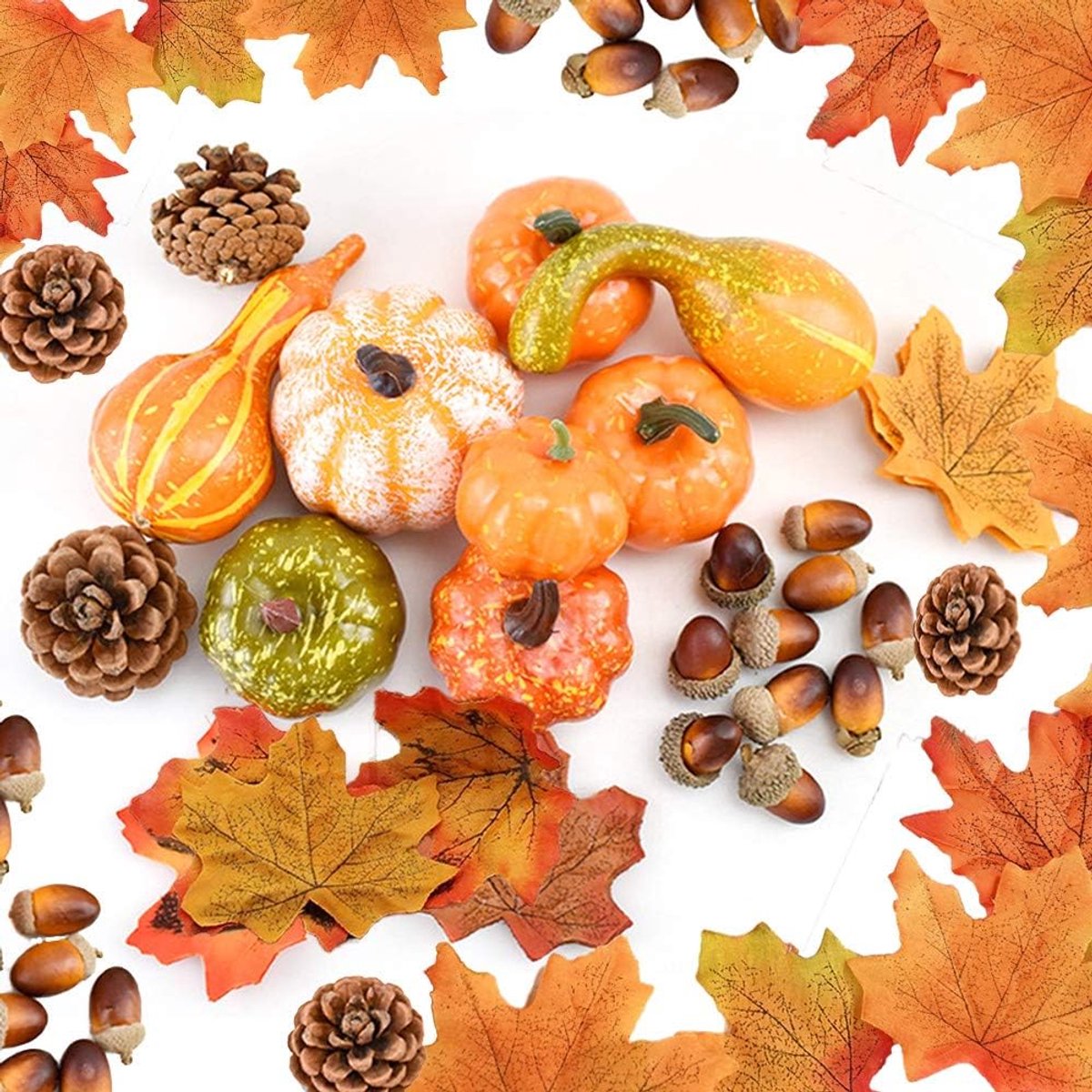 Thanksgiving decoratieset, 128 stuks kunstmatige esdoornbladeren, oogstpompoen, kleine eikels, dennenappels en kalebassen voor herfst, herfst en Halloween, thuisfeestdecoratie