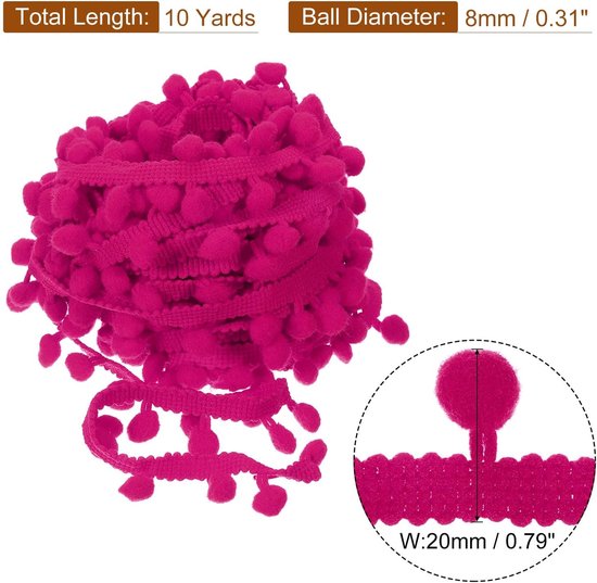 10 Iarde band met pompons, bal, franjes, trim accessoires voor het naaien van gordijnen, jurken, kussens (8 mm, fuchsia) — afbeelding 5