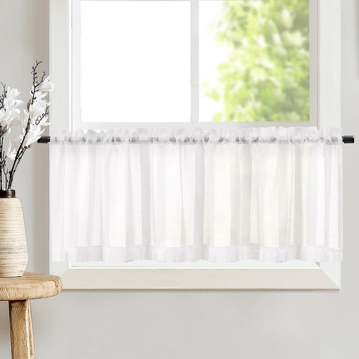 Sheer Vitrage, wit, 1 stuks, h 35 x b 130 cm met trekkoord, transparant, bistrogadine, landelijke strepen, voile, keukengordijn, gestreept, keukengordijnen, paar, voor badkamer, kleine ramen