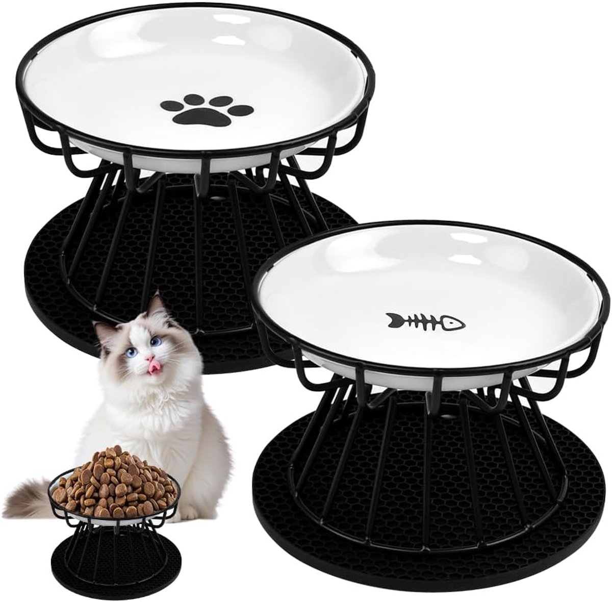 2-delige verhoogde keramische kattenvoerbak met metalen standaard en siliconenmat, anti-braakvoerbak voor katten, verhoogde voer- en waterbak voor oudere katten en kittens