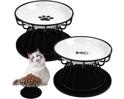2-delige verhoogde keramische kattenvoerbak met metalen standaard en siliconenmat, anti-braakvoerbak voor katten, verhoogde voer- en waterbak voor oudere katten en kittens