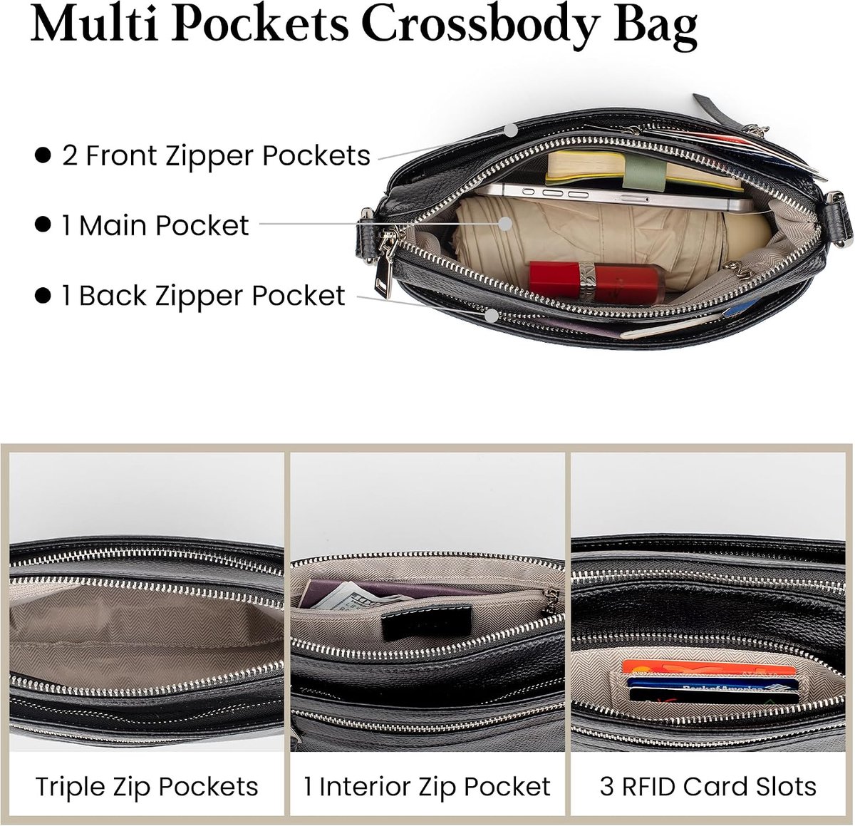 befen Kleine echt lederen crossbody portemonnee tassen voor vrouwen, meerdere zakken schouder handtas met RFID-blokkerende kaartsleuven