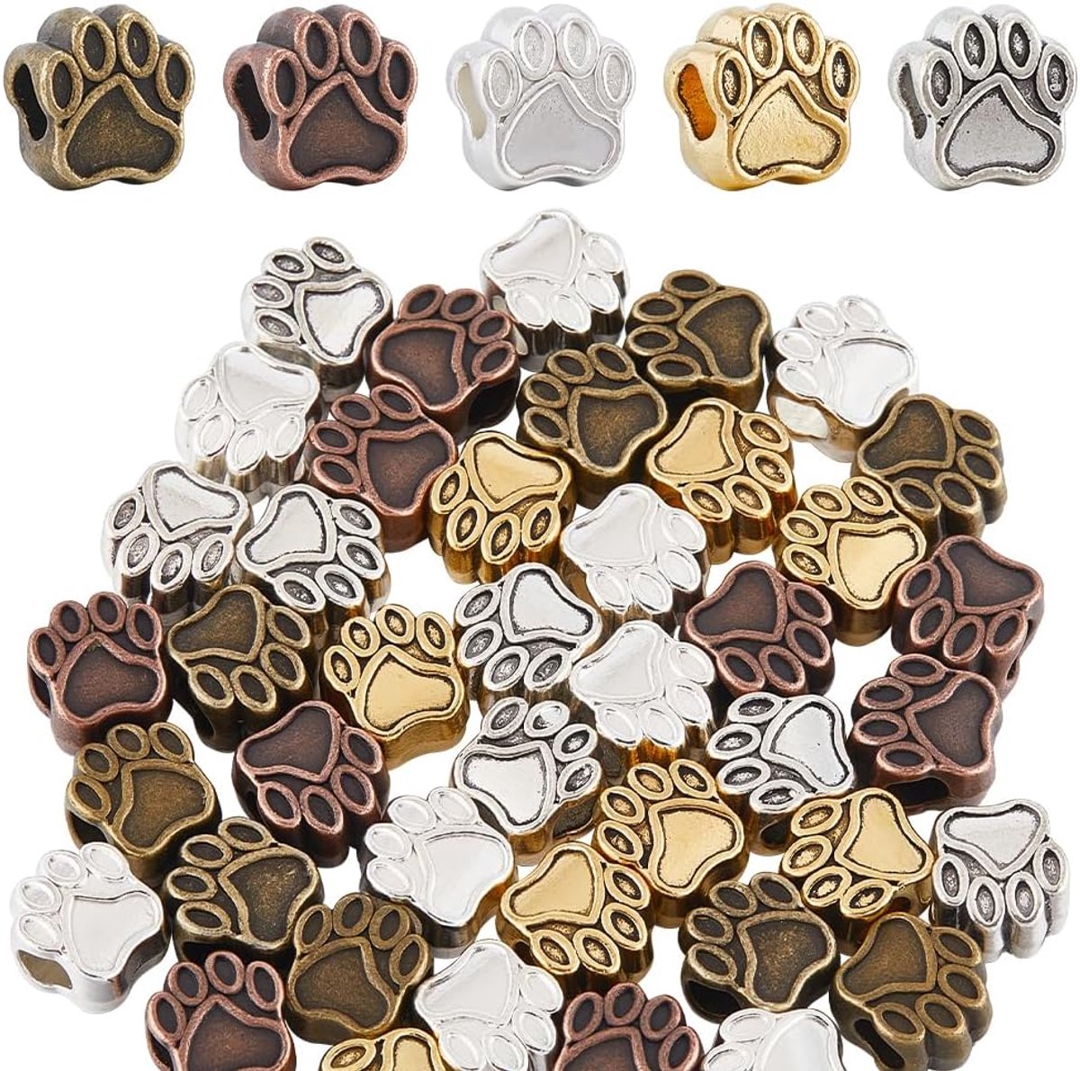 1 doos 50 stuks 5 kleuren gouden hond poot kraal poot print kralen bulk Europese zilveren legering puppy kat beer dier voetafdruk leuke grote gat spacer kralen voor sieraden maken kralen