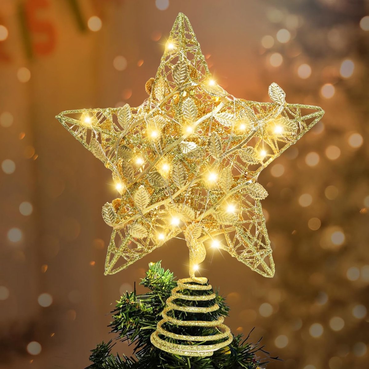 kerstboomtop, kerstboompunt in de vorm van een ster van ijzer, kerstdecoratie met gouden bladeren, LED ster kerstboom decoratie, werkt op batterijen, doorbroken kerstboomversiering