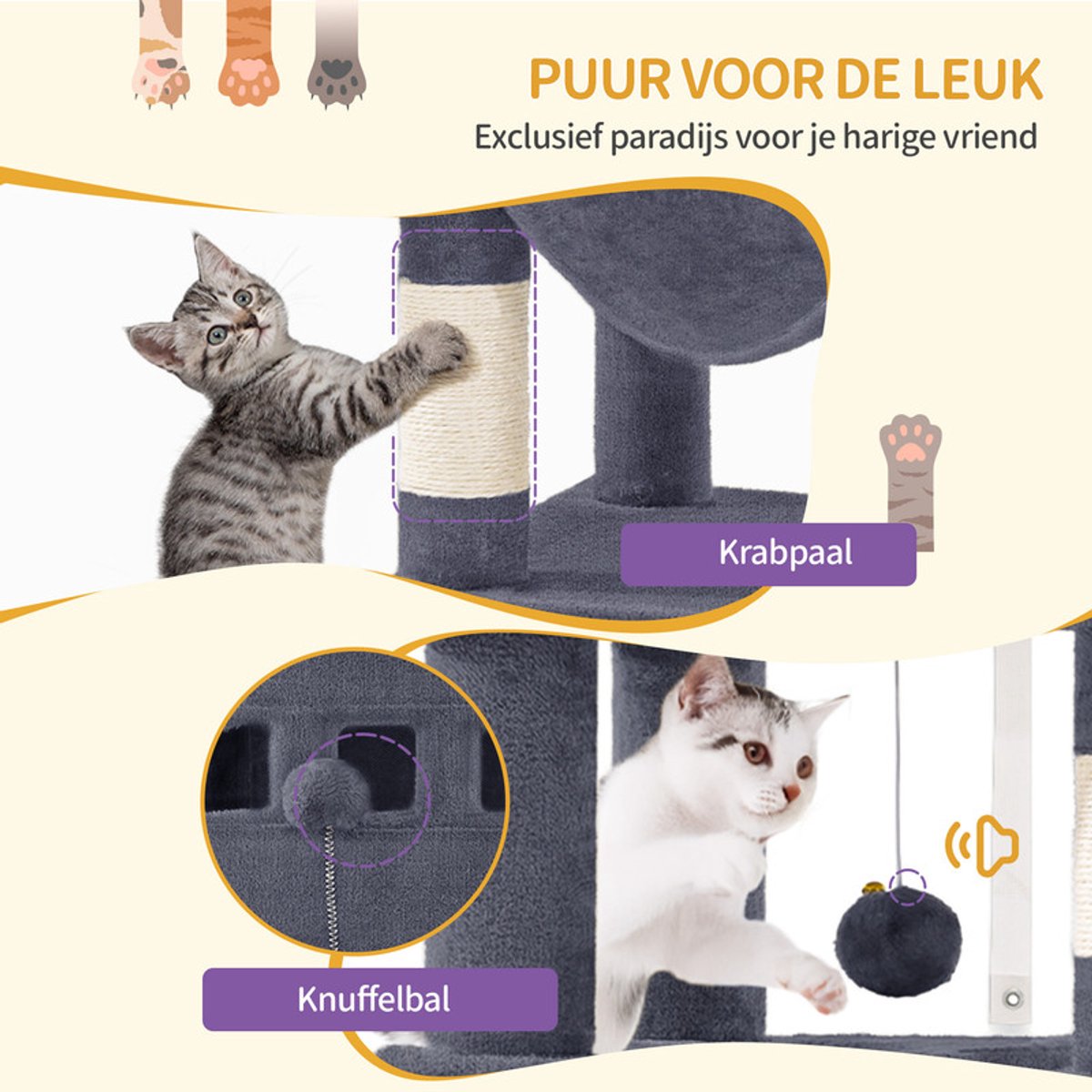 Hzuaneri Krabpaal groot, 170 cm, kattentoren voor maine-kat, grote kat, meerlaagse krabpaal met grote zitstang, wasbare mat, kattenhuismeubel met 2 holletjes, 8 krabbomen, Lichtgrijs thumbnail 3