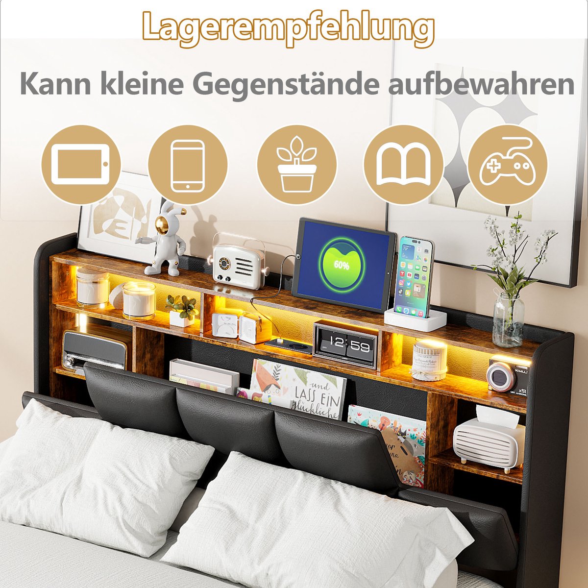 MEXUS Opbergbed 140x190 cm met ledverlichting en USB-poort, Tweepersoonsbed met hoofdbord, bedframe 140x190 met lattenbodem en opbergruimte, Gestoffeerd PU-materiaal Zwart