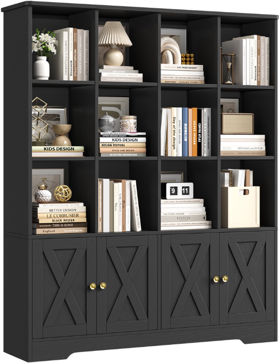Boekenkast – Voor Woonkamer – Vrijstaand met 12 Open Vakken en 4 Deuren – Houtlook
