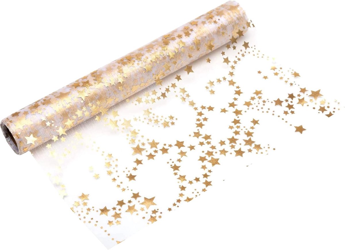 100%Mosel organza tafelloper, transparant, met sterren in goud-metallic | (28 cm x 5 m), elegante tafeldecoratie voor Kerst & advent, feestelijke decoratie voor speciale gelegenheden