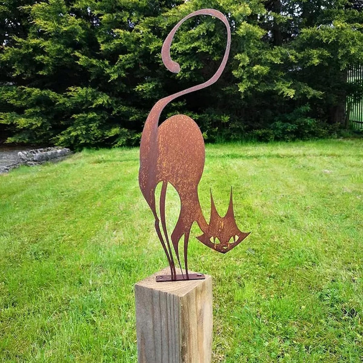 Kattenhek Topper Decoratie, Roestige Kat IJzeren Kunst voor Buiten Tuin Silhouet, Ornament Gazon Decoratie voor Kattenliefhebbers | Roestige kat voor tuindecoratie, gazondecoratie, metalen kat, tuinkunst voor kattenliefhebbers