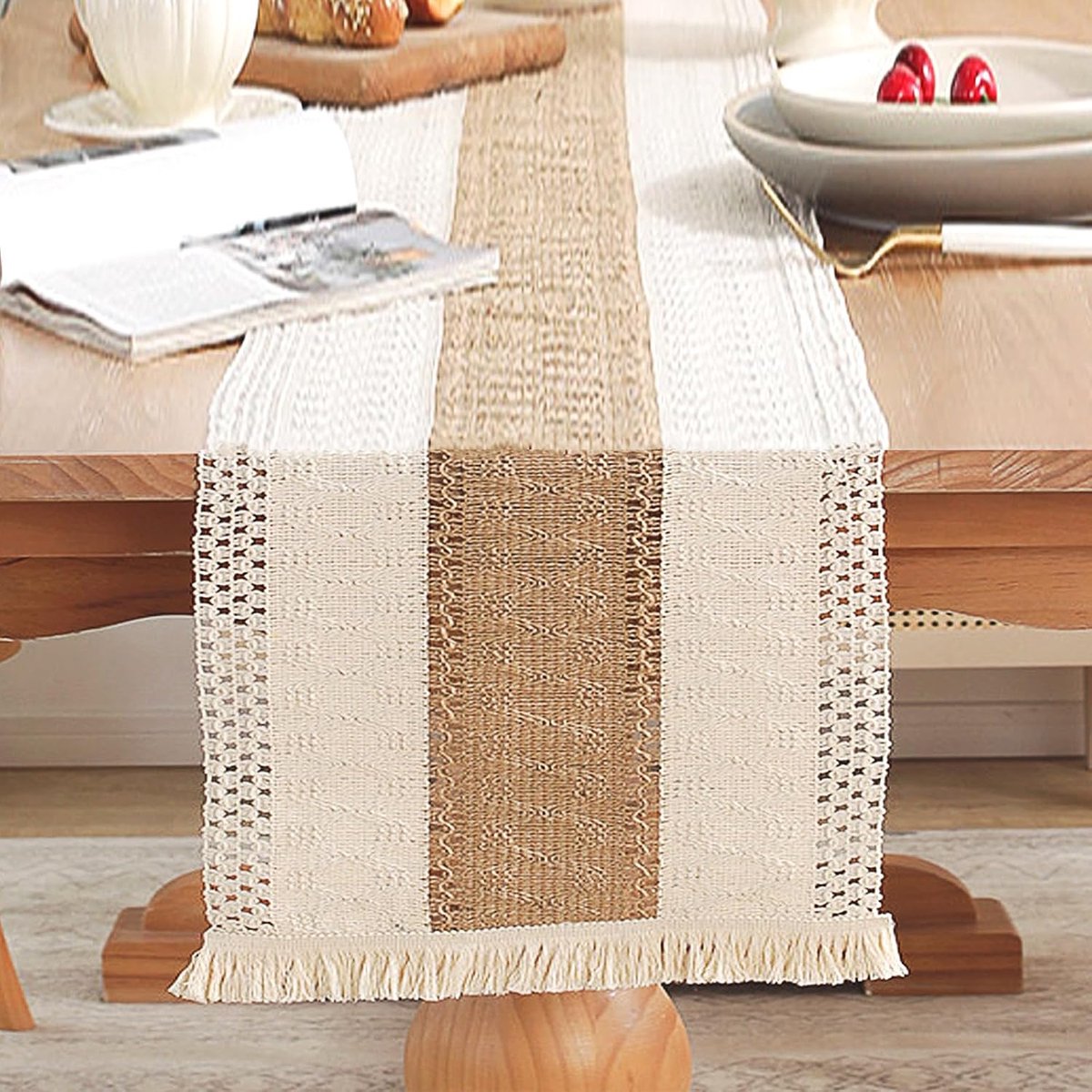 tafelloper met kwastjes, beige tafelloper in katoen, boho-stijl, elegant hol mesh tafelkleed, landelijke stijl, tafeldecoratie voor eettafel, bruiloft, decoratie, 30 x 120 cm