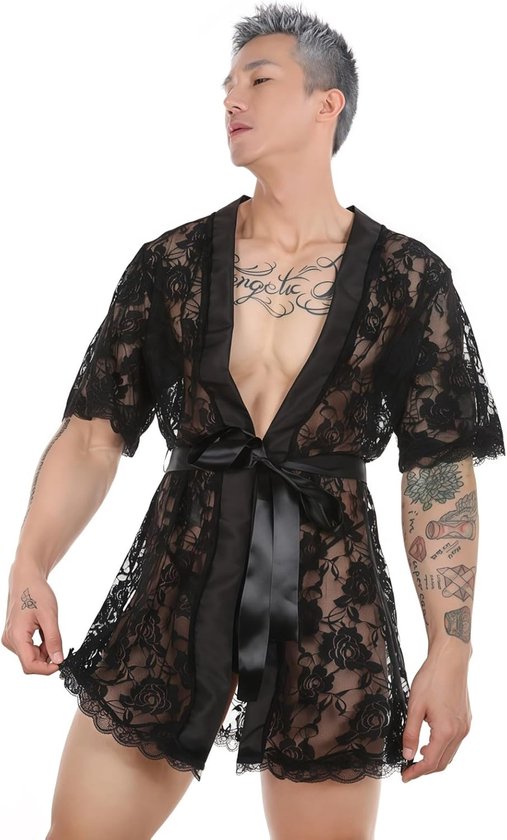 badjas voor heren, transparante nachthemd van bloemenmesh met riem, lichte ochtendjas met korte mouwen, transparant, met string, dunne en transparante pyjama's — afbeelding 3