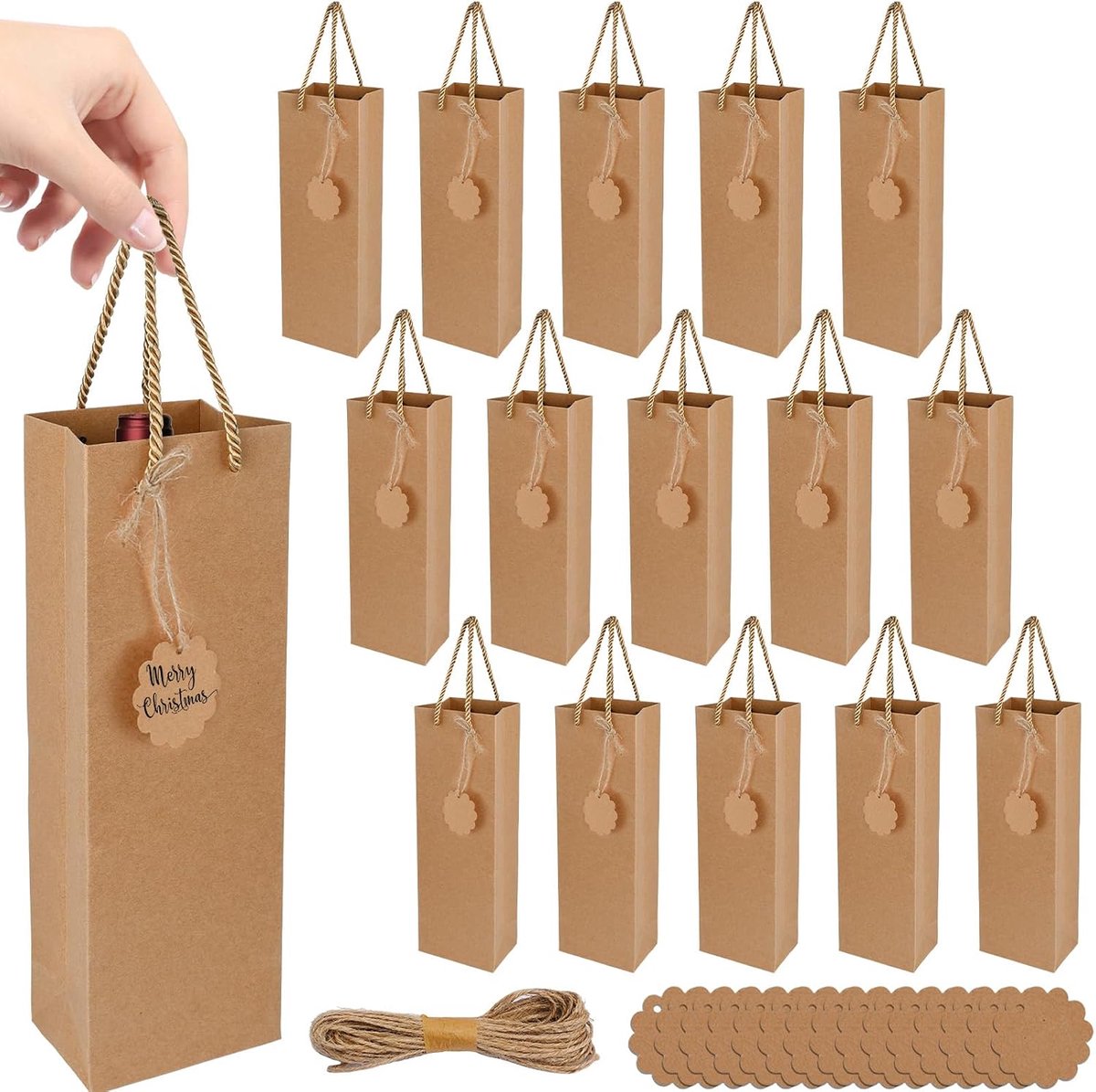 Geschenkzakjes voor wijn, 15 stuks kraftpapier wijngeschenkzakjes, wijnzak met kaart henneptouw, cadeauzakjes voor flessen met handvat, flessenverpakking voor champagne, Kerstmis,