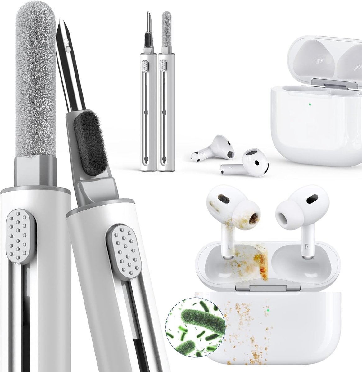 Reinigingsset voor Airpod, Multifunctionele Cleaner Pen Tool voor Airpods Pro Case Hoofdtelefoon iPhone Oplaadpoort, met Zachte Borstel Flocking Spons (Wit)