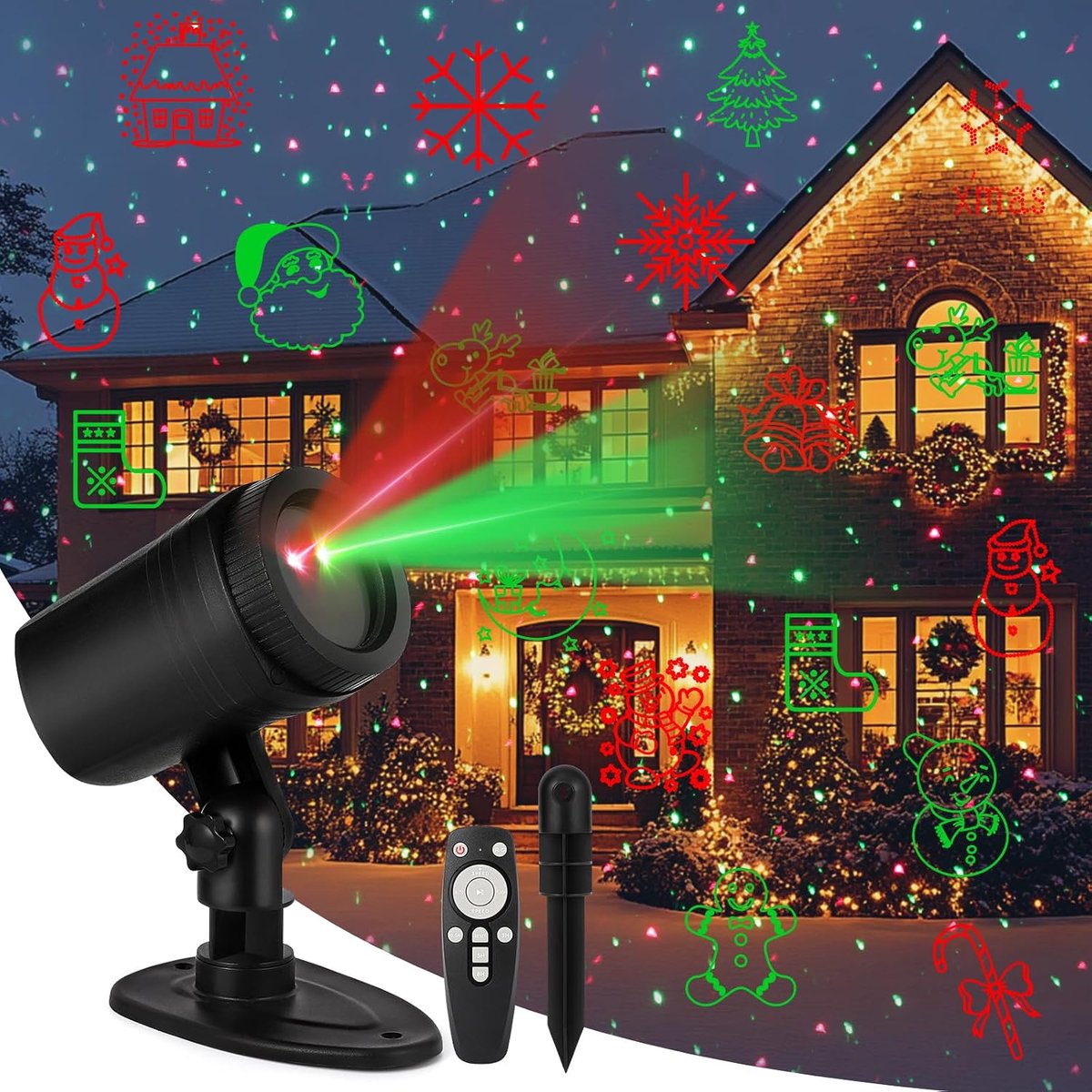 Kerstlaserlampen, projectorlampen voor buiten met timer, afstandsbediening, rode en groene sterrenshow met 16 decoratieve patronen voor binnen, buiten, tuin, terras en muur.