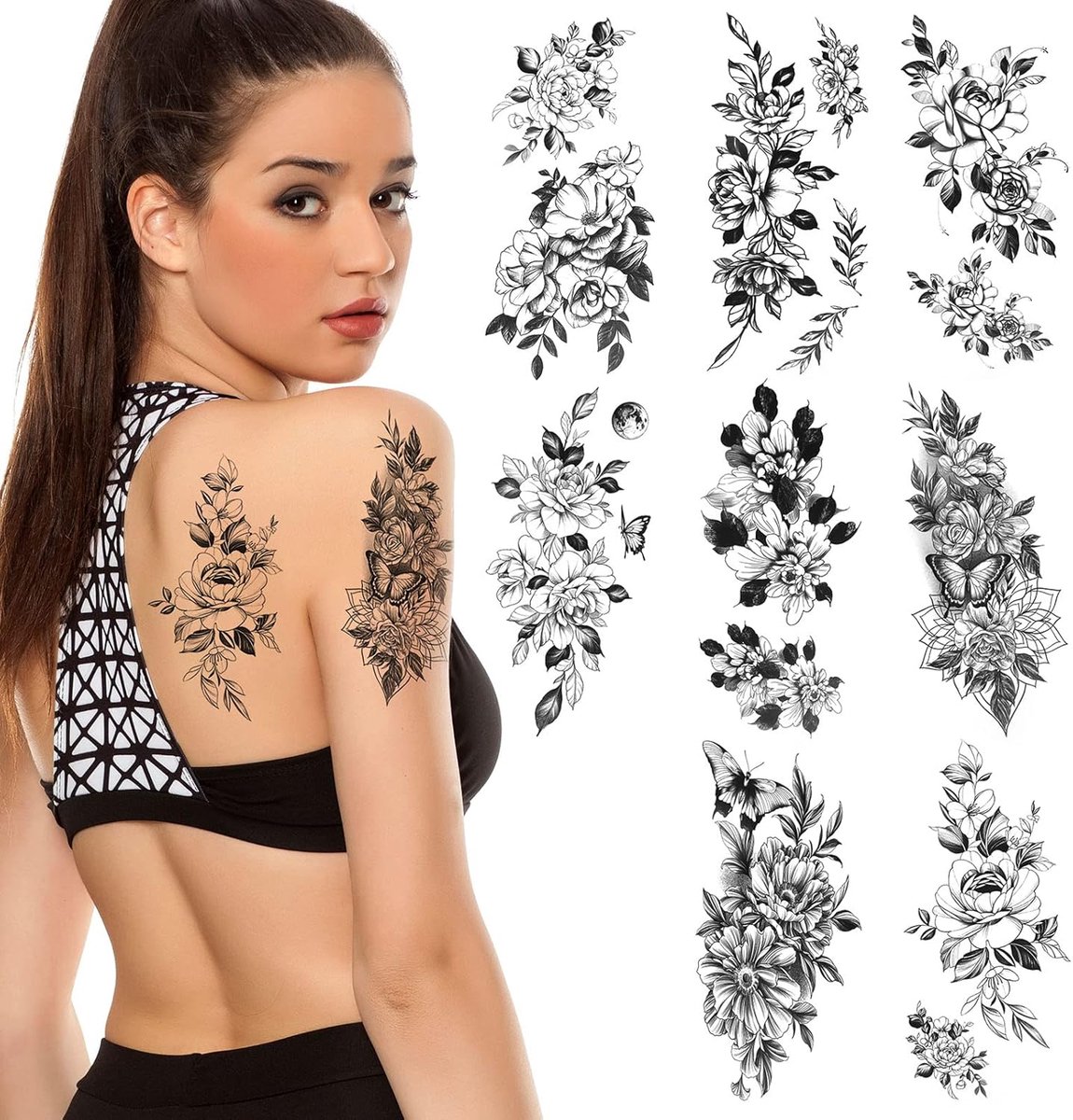 Tijdelijke Tatoeages Stickers, 8 Stuks Sexy Bloemencollectie Waterdichte Tijdelijke Tatoeages Kits, Volwassenen Schets Sexy Bloemen Tijdelijke Tattoos voor Vrouwen Meisjes Lichaam Hand Schouder Been
