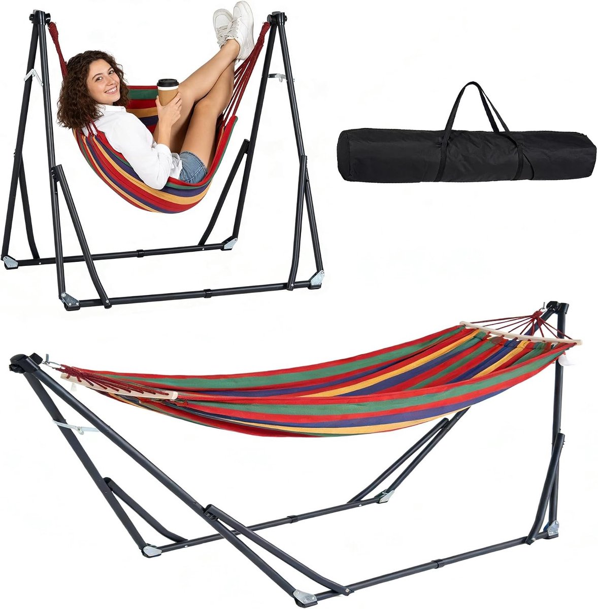 Verstelbare 2-in-1 Hangmat en Stoel voor Buiten, Draagbare Set met Frame, Geschikt voor Camping en Tuin, Tot 200 kg Belastbaar