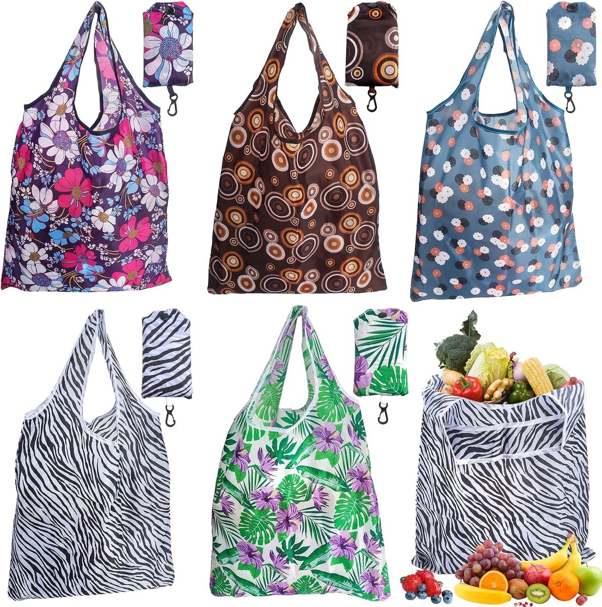 Vouwbare boodschappentas in pouch - 5 stuks, wasbare en waterdichte polyester tas, ideaal voor boodschappen en winkelen