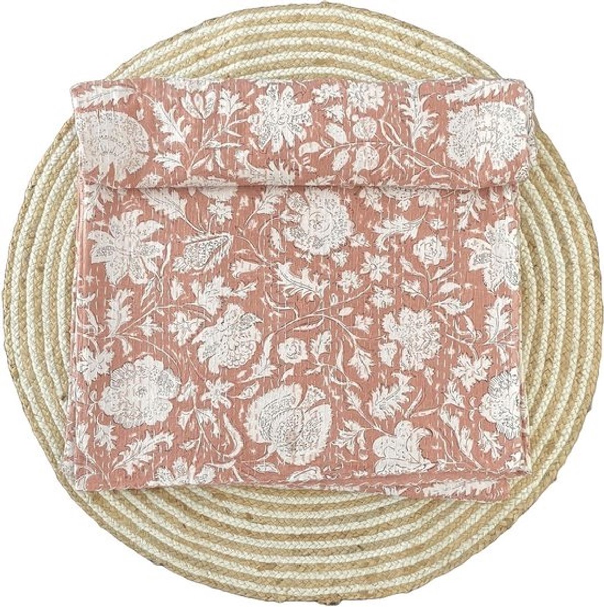 Kantha Sprei - Gewatteerde Deken - Decoratie Woonkamer - Handgemaakt Bloemenpatroon - 274x274 cm - Perzik