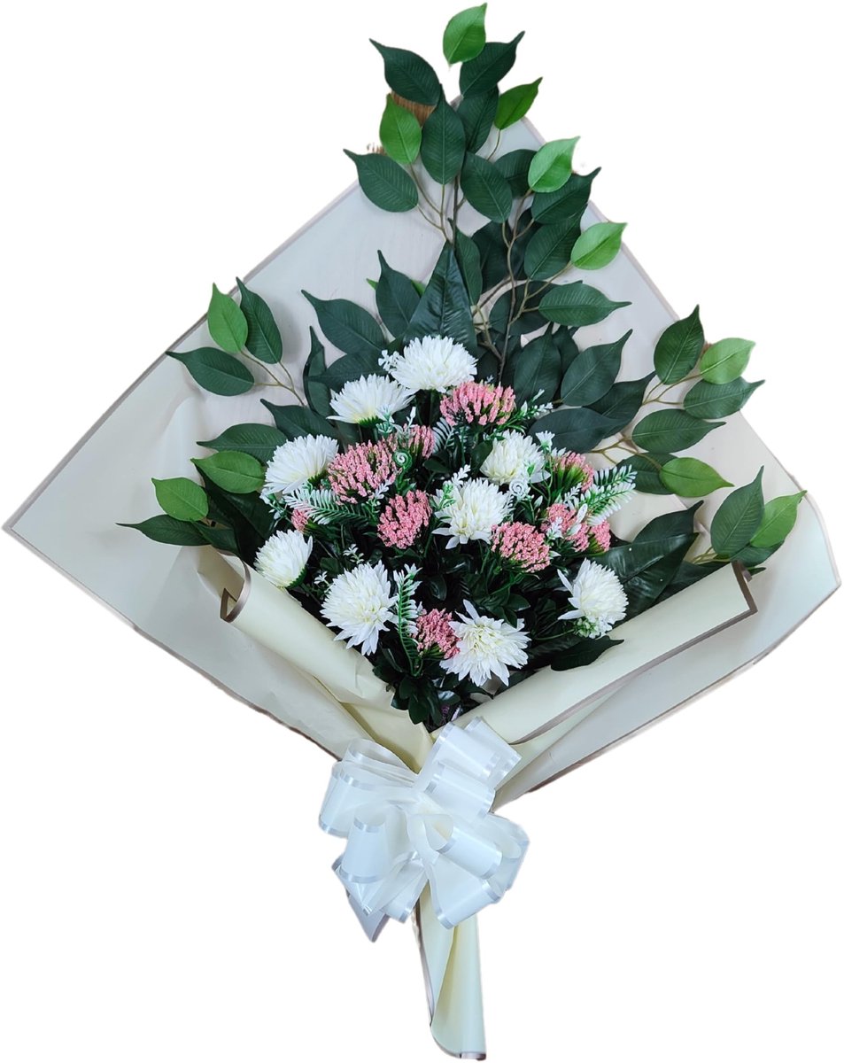 Kunstboeket Chrysanten en Gypsophila - Wit en Roze