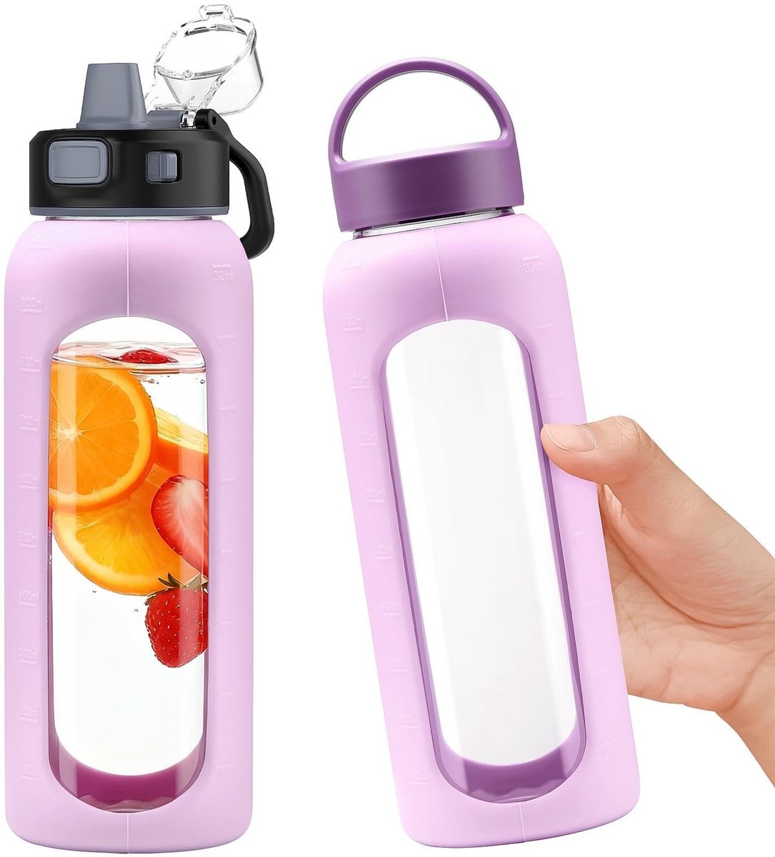 Glazen Waterfles met 2 Deksels - 900 ml - BPA vrij - Zwart