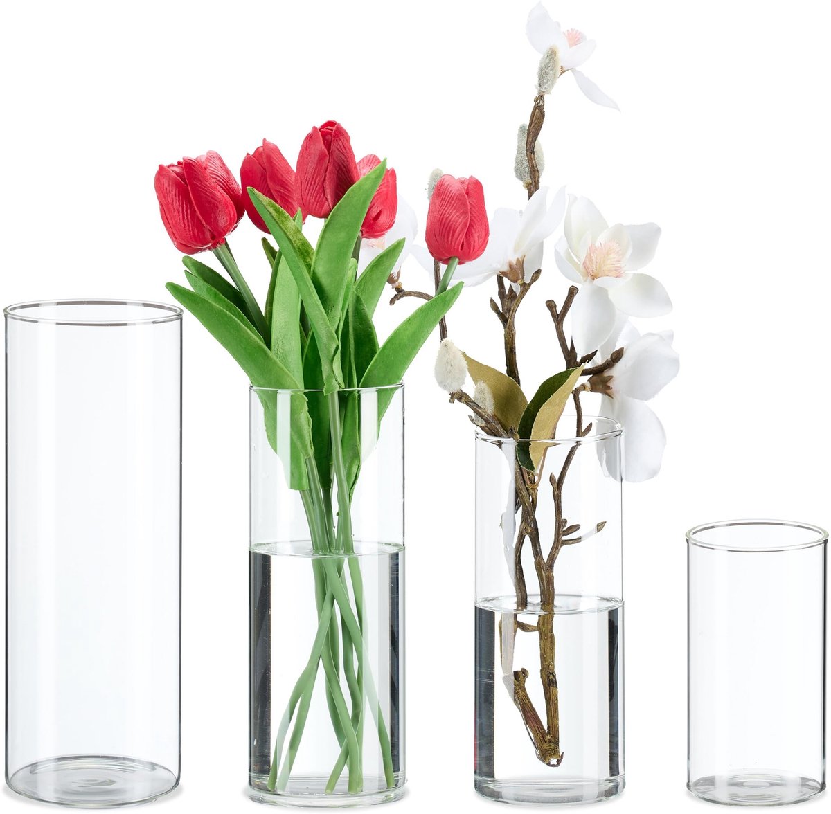 Set van 4 Glazen Vazen in Diverse Maten - Transparant voor Bloemen en Kaarsen