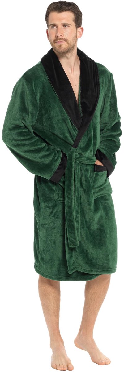 Luxe Fleece Badjas voor heren - Met satijnen kraag - Groen