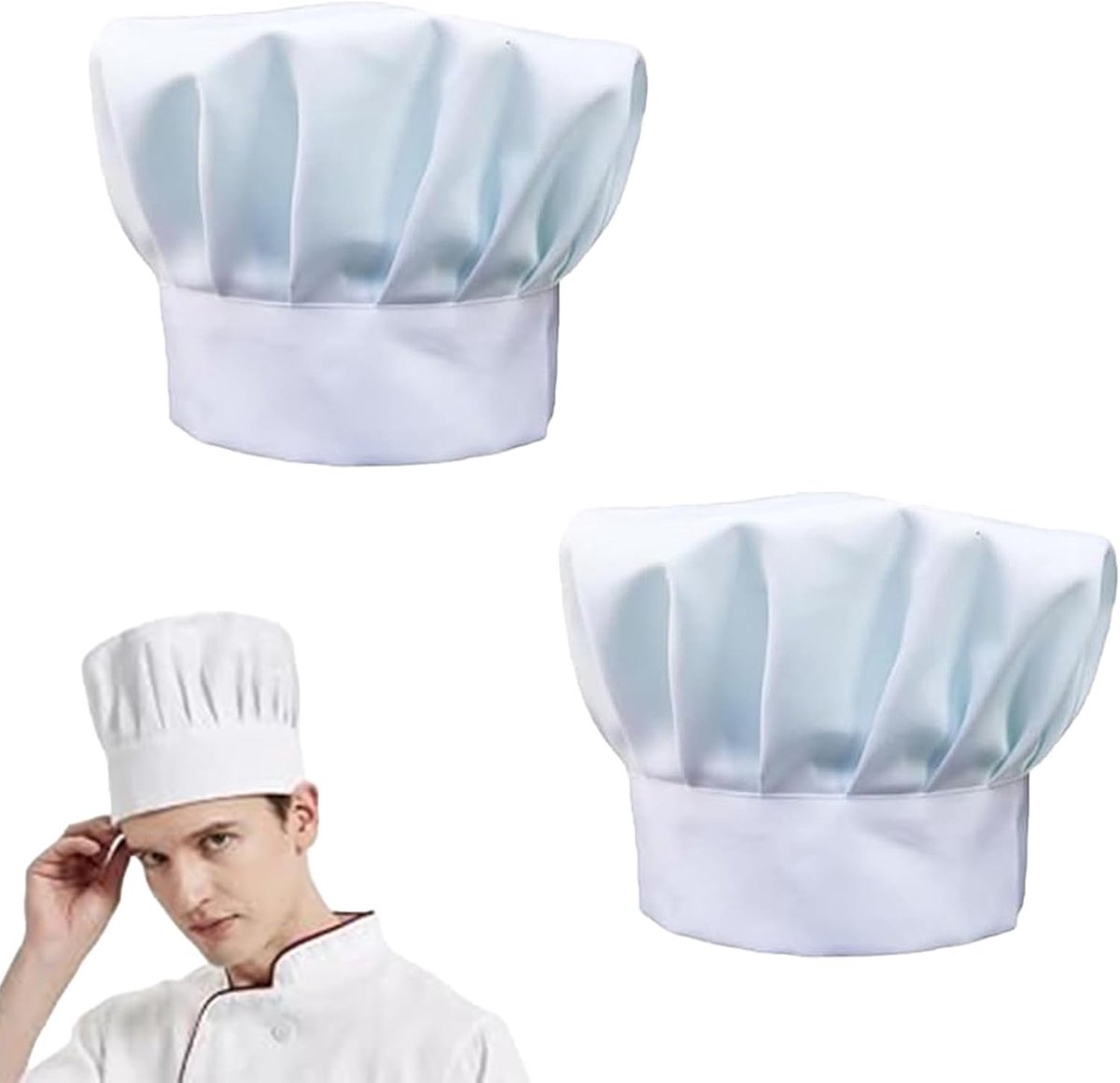 Set van 2 Professionele Koksborden voor Mannen en Vrouwen - Verstelbare Unisex Kookmuts - Ideaal voor Restaurant, BBQ en Bakken - Witte Kookmuts met Elastische Band