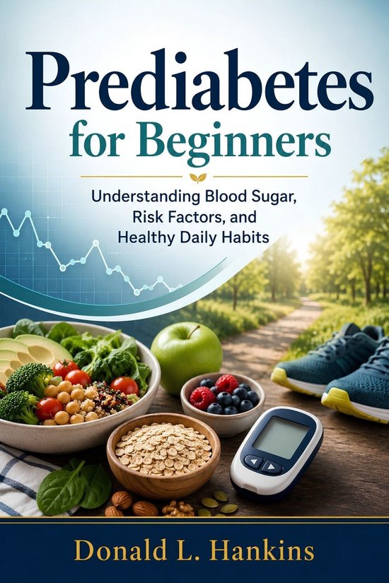Boekomslag: "Prediabetes for Beginners" met gezonde voeding, een bloedglucosemeter en hardloopschoenen.