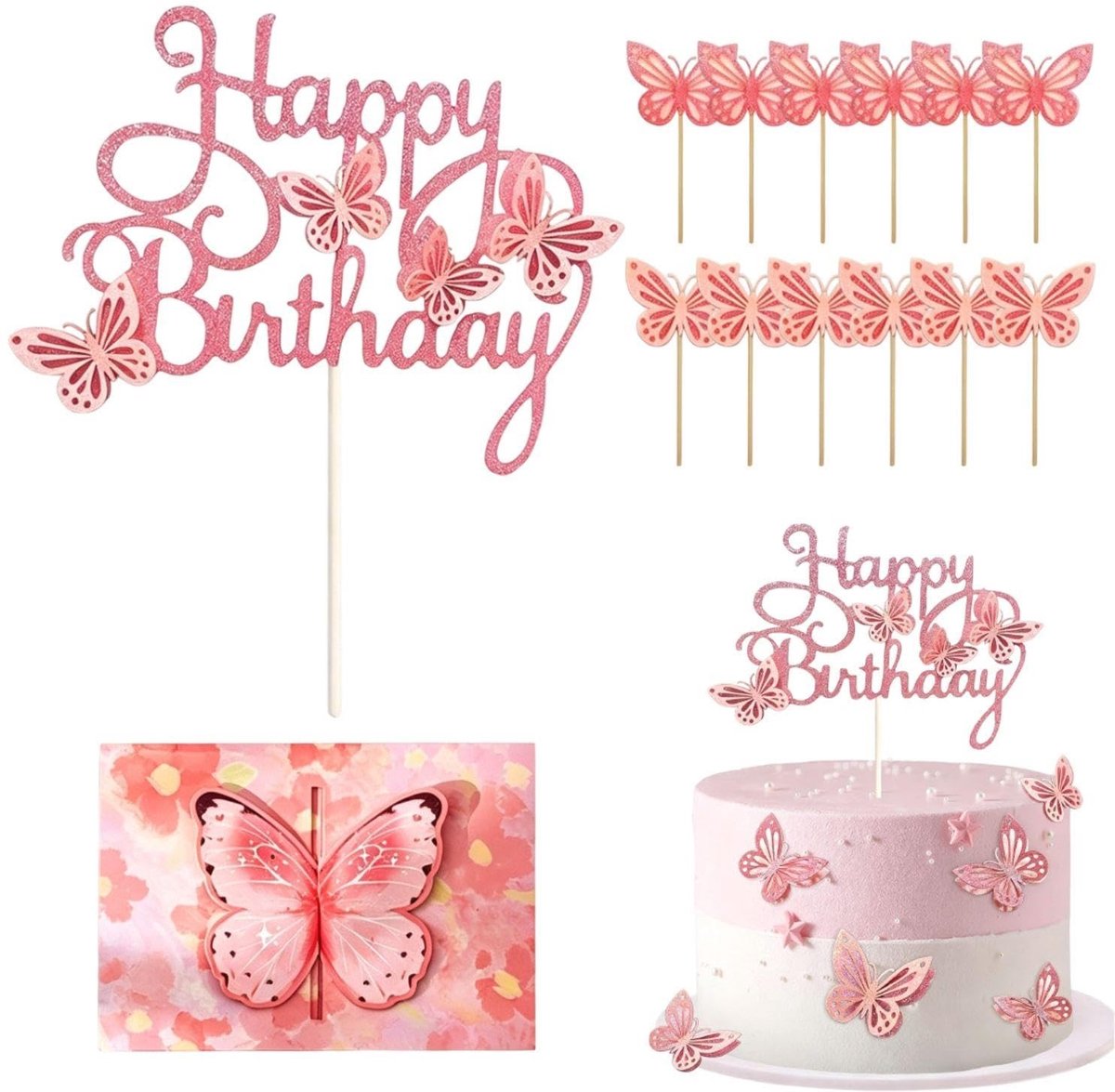 Vlinder Cake Decoraties - Set van 13 Stuks met Roze Wenskaart