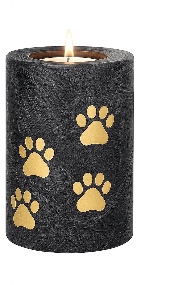 Hondenurn met Kaarsenhouder - Handgemaakt Glas - Zwart Goud met Pootafdrukken