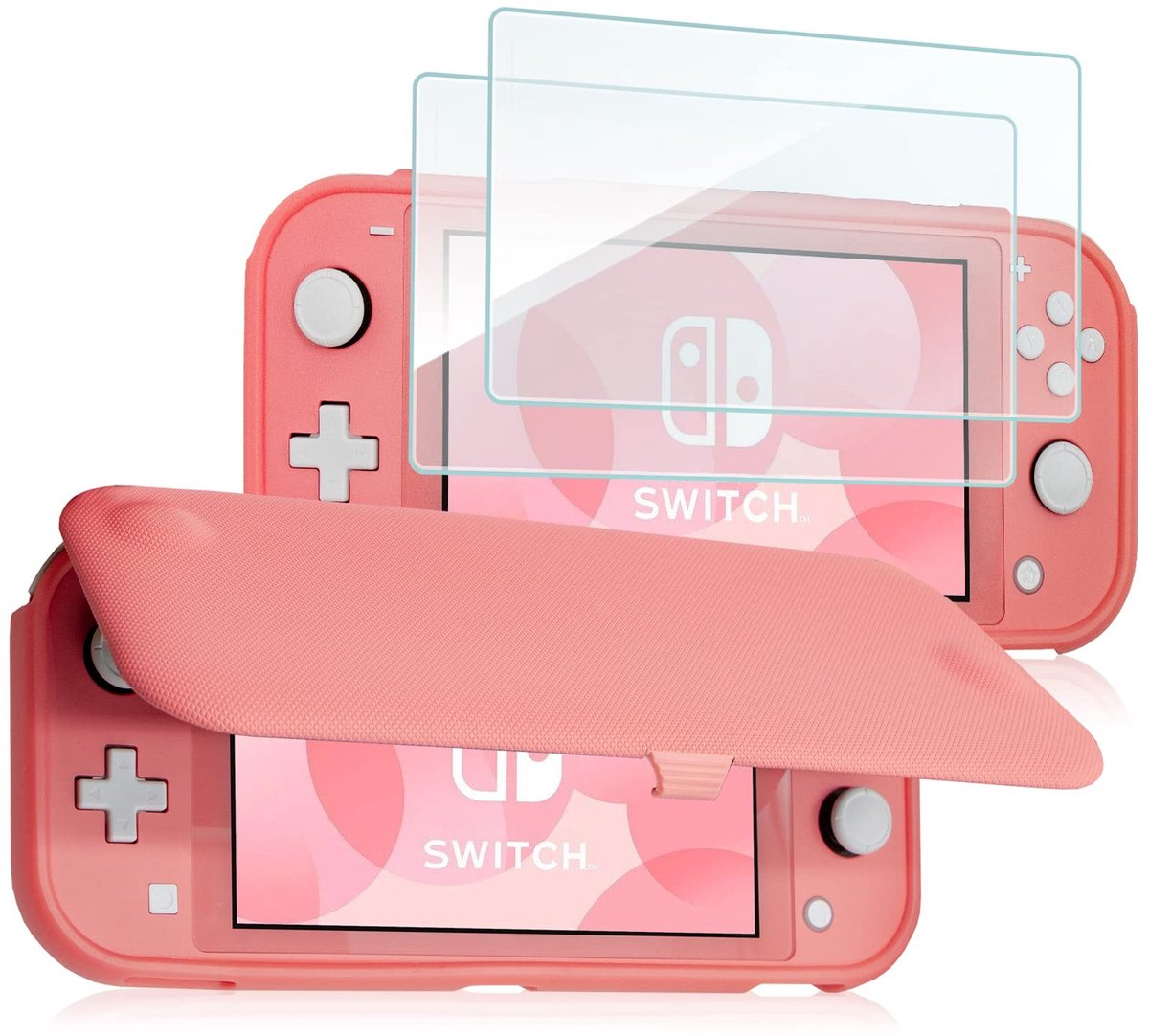 Flip Case voor Nintendo Switch Lite - Inclusief 2 Tempered Glass Screen Protectors - Coral