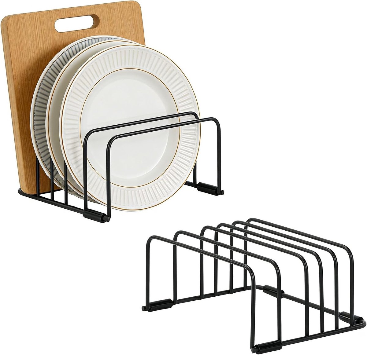 Metalen snijplankhouder en bakplaat-opbergrek met 5 vakken, pannenorganizer voor keuken en kasten, handige snijplankstandaard en bakaccessoires organizer