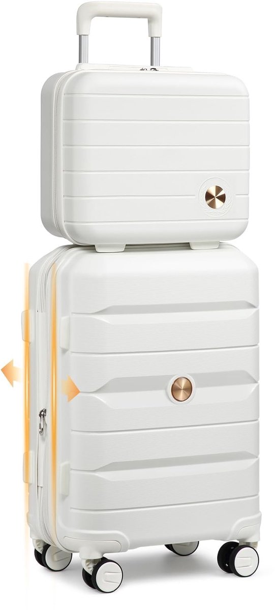 Kofferset 4-delig - Hard Shell met Trolley en Beautycase - Crème Wit