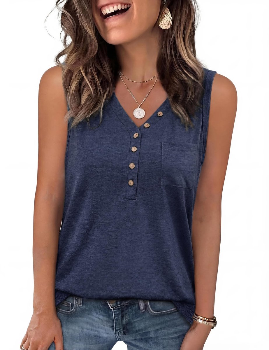 Dames Tanktop - Mouwloos V-hals shirt met knoopzak - Marine - L