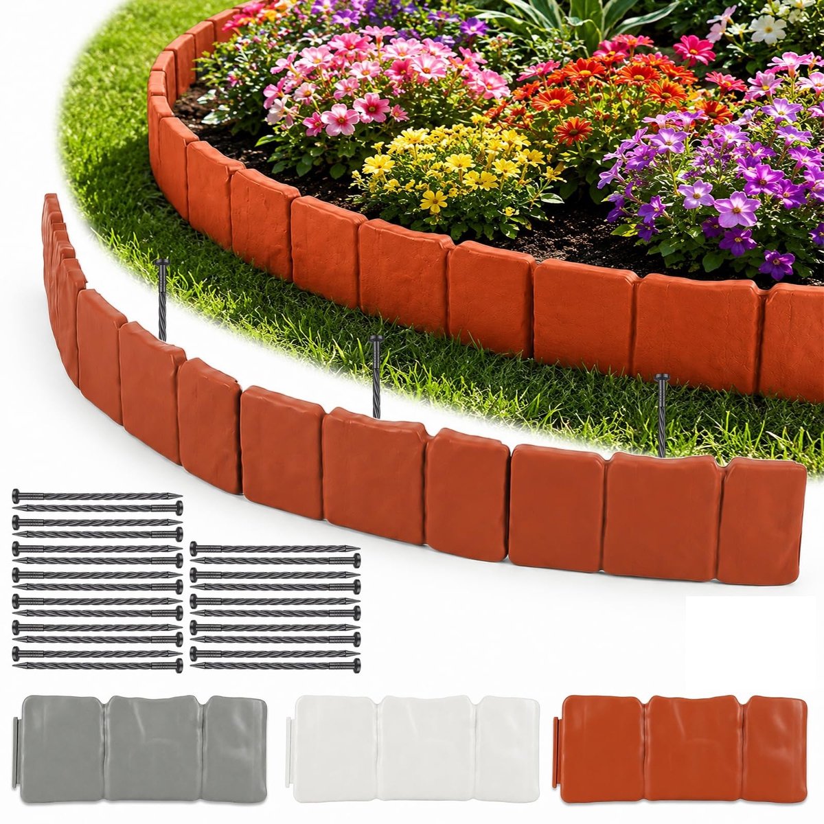 Tuinrand van Kunststof met Steenlook - 5 m Bloembed Rand Roodbruin