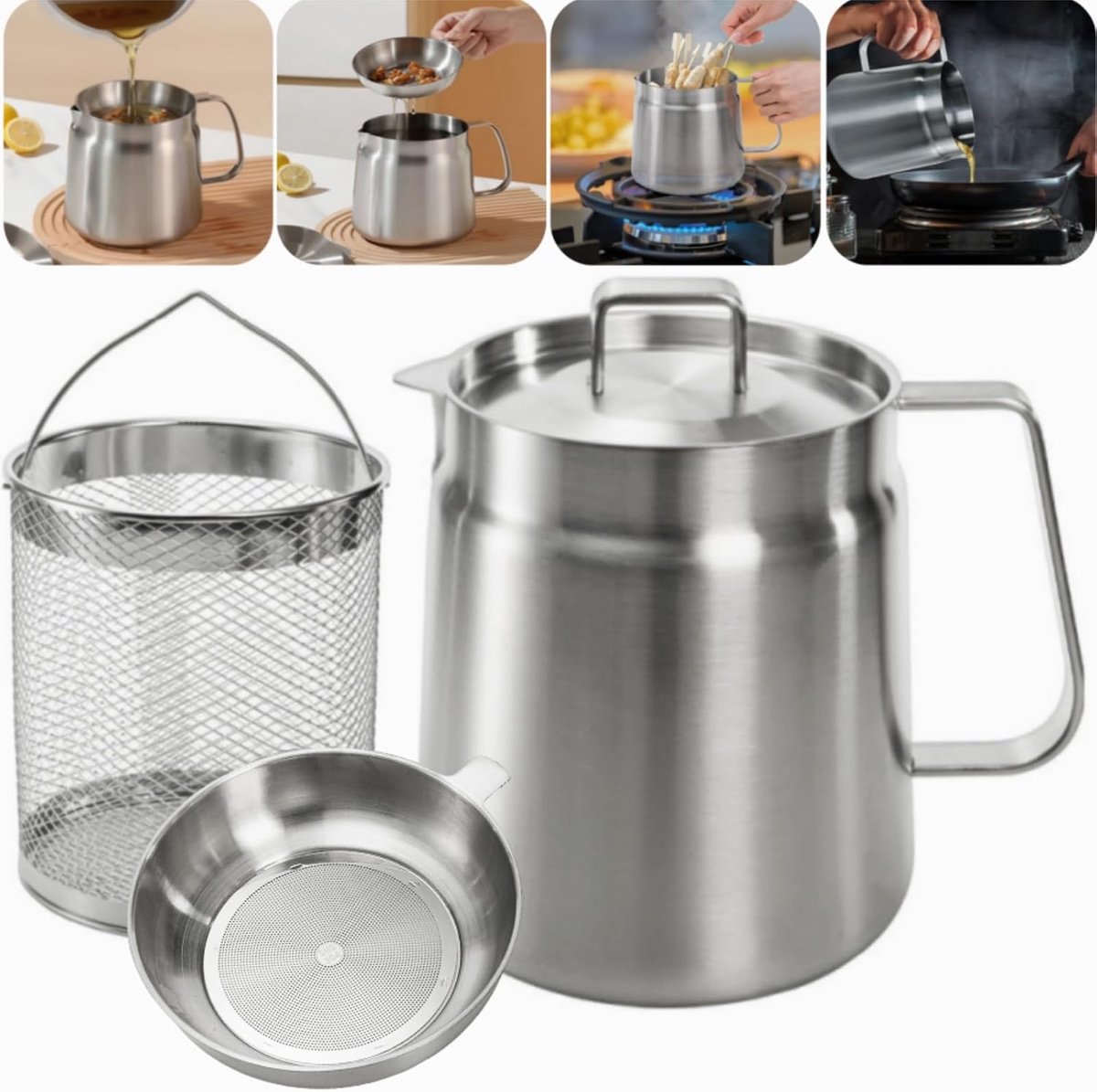 KZQ Oliefilterpot 2 liter van 304 roestvrij staal - Met fijnmazige zeef en handvat - Multifunctioneel voor frituren, opslag en schenken - Geschikt voor keuken en kamperen - Zilver