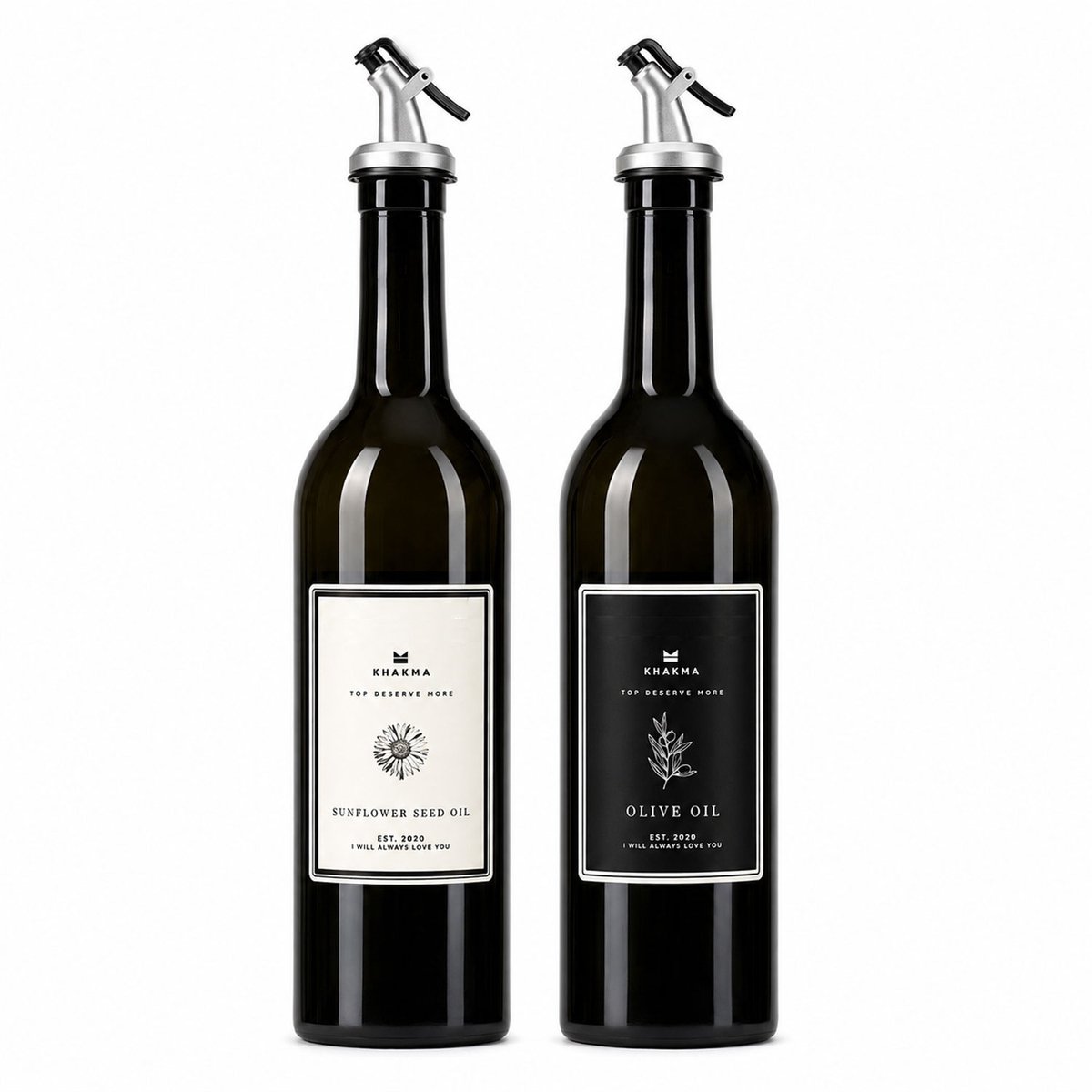 Jungengel Oliefles Set 2-delig 750ml - Glazen Oliefles met Schenktuit - Olijfolie Fles, Azijnfles en Oliedispenser voor Olijfolie, Zonnebloemolie, Azijn, Dressing, Salade en Pasta - Donkergroen Glas Olie- en Azijnstel