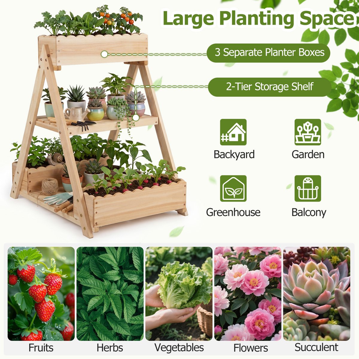 SureDeal® - Plantenbak - Houten Verhoogd Bed - Etages Verticale Bloembak - Plantenbakken - Planken - 66x58x60 cm - Naturel