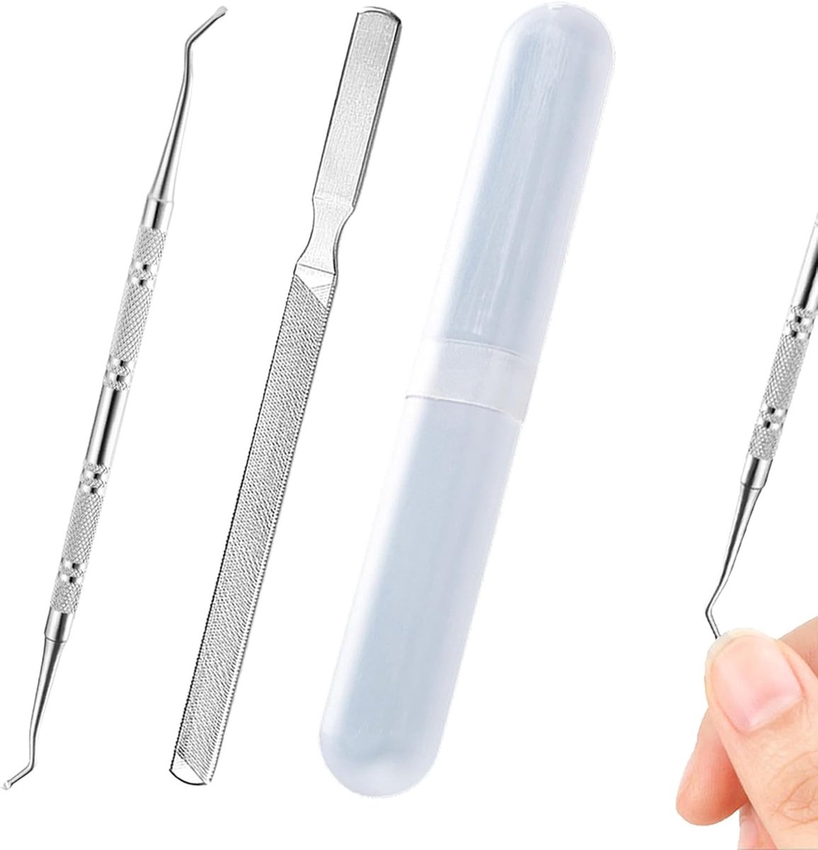 Complete Nagelvijl Set met 4-Zijdige Vijl en Dubbel Hoofd Lifters voor Dikke en Ingegroeide Nagels, Ergonomische Manicure Tool van Roestvrij Staal