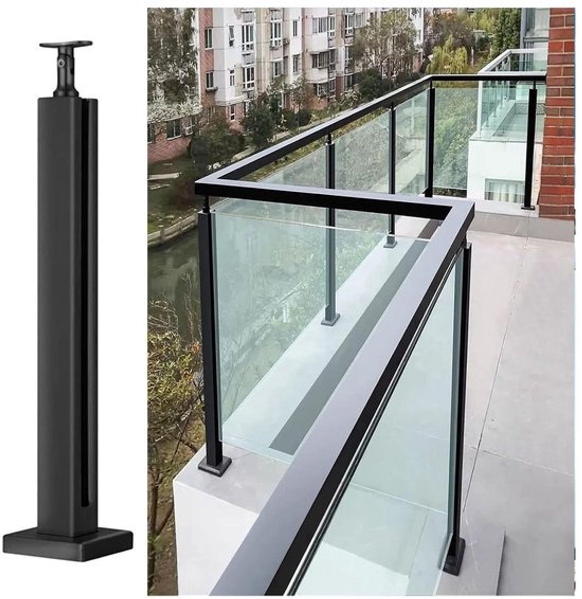 Glazen Balustrade Paal - Glazen Reling Systeem - Balkon Afschermen - Zonder Boren Montage - 115 cm Hoog - Zwart