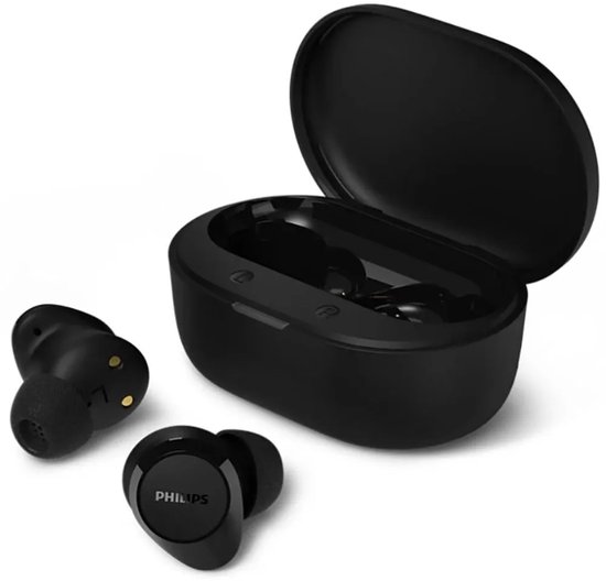 Zwarte Philips oordopjes met oplaadcase. Eén oordopje ligt naast de open case.
